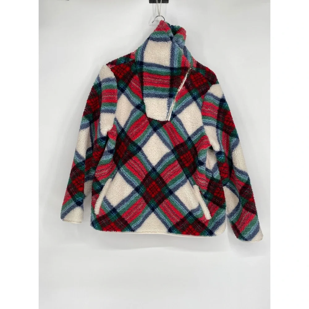 Talbots‎ Womens Pullover XL Sherpa Fleece Multicolor Plaid Shawl Zip
